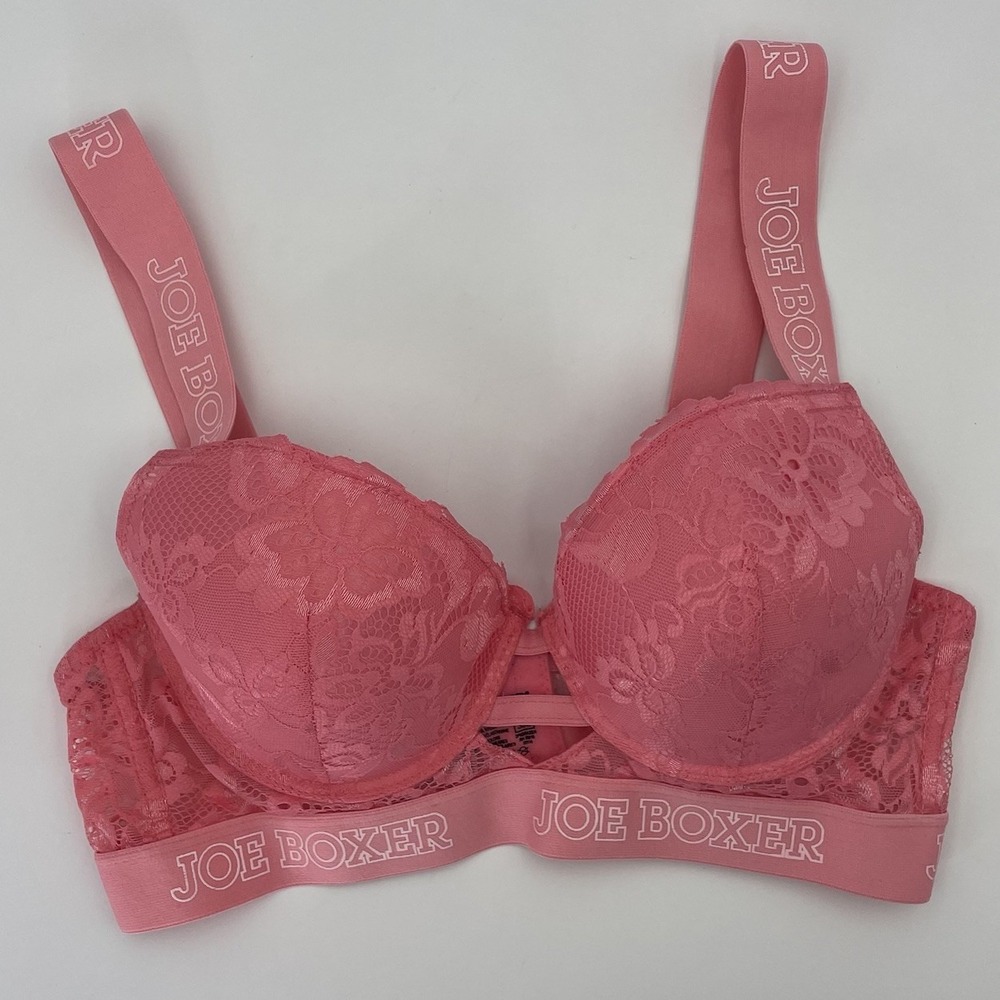 Y2K Joe Boxer‎ 36 C Push Up Bra Pink Lace Design Padded Wide Logo Strap